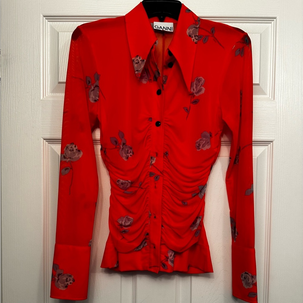 Ganni Red Ruched Long Sleeve Button Down Shirt
